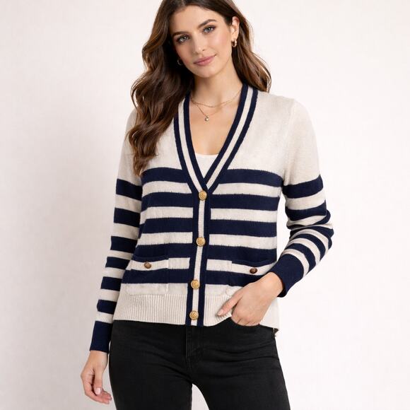 J. Crew Sweaters - J. Crew Cashmere Oversized Striped Gold button cutout Cardigan size S